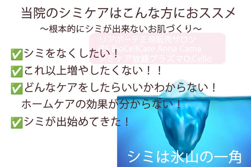 エステのシミケアとは？｜≪高濃度ヒト幹細胞培養液/iPSフェイシャル専門エステサロン≫ iPS BioCellCare AnnaCarna アンナカルナ【シミケア専科 プラズマ O:Celloオセロ 東京店 併設】肌質改善☆年齢肌☆小顔矯正☆シミ取り専門☆プラズマシミ取り放題◆プラズマシャワー・プラズマミスト・プラズマニードル◆芸能人ご用達コスメ「リアボーテ化粧品」正規販売店・クレアスキン・グランスキン・シェリースキン・エキスパートローション・リアムール・健美草◆購入方法・口コミ・効果・使い方・ビフォーアフター・動画・写真・通販・ネット販売対象外商品｜港区 南青山 銀座線 外苑前駅・青山一丁目駅◆個室完備・医療提携サロン・メディカルエステ