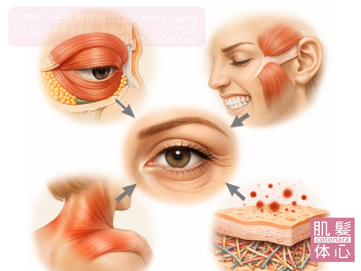 目元の悩みの原因を追究し、コラーゲン産生を含む再構築でハリ・密度・引き締まりを整える|目元・クマ・しわ・たるみ・輪郭ケア