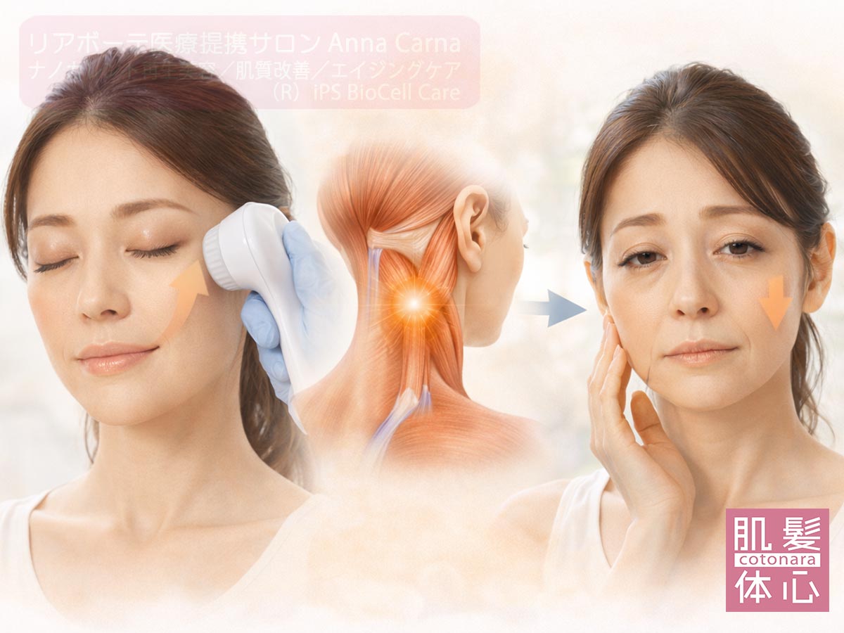 たるみの原因（支持低下・むくみ・連動低下）イメージ｜フェイスライン・ほうれい線・マリオネットライン