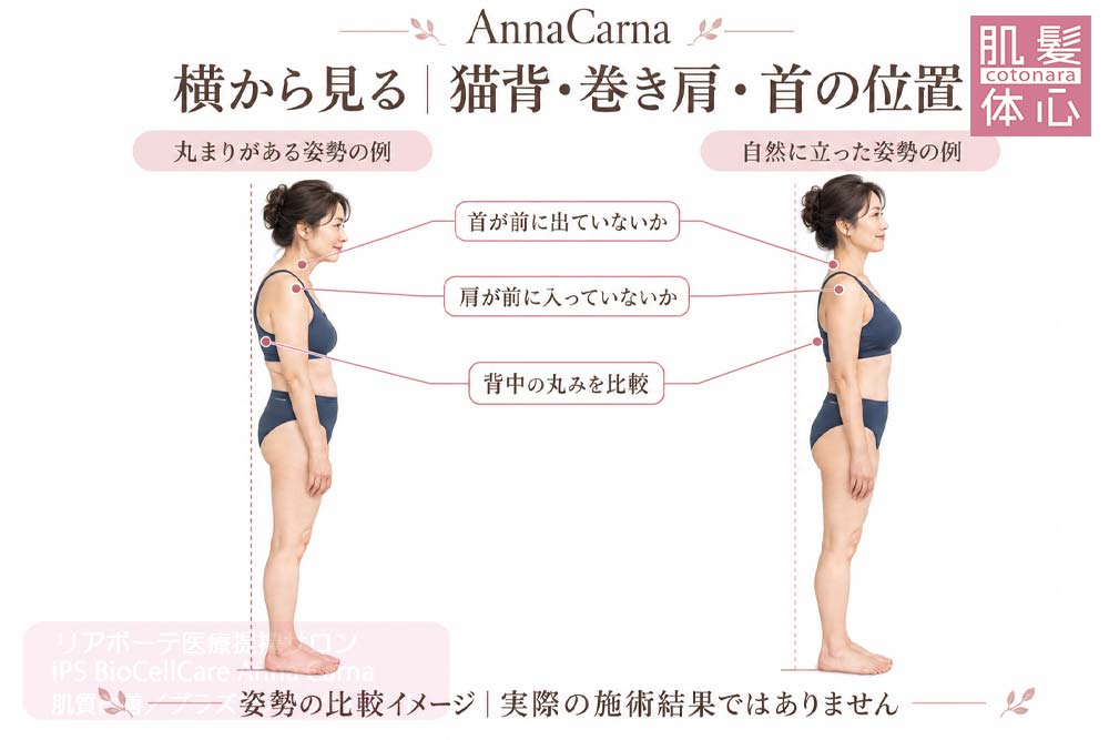 猫背・巻き肩・首の位置を横から見比べる姿勢の説明イラスト｜美容家や芸能人ご用達・幹細胞コスメブランド・リアボーテ専門エステ・リアボーテ医療提携サロン AnnaCarna・リアボーテクレアスキン化粧品・リアボーテグランスキン化粧品・リアボーテシェリースキン化粧品・エキスパートローション・リアムール化粧品・エクラボーテ美顔器・正規取扱店・高濃度ヒト幹細胞培養液・ヒト幹細胞培養液・フェイシャル・ips細胞・ナノカレント・微弱電流・コラーゲン生成・筋膜・血流改善・リンパ・自律神経・再生美容・フェイスデザイン・リフトアップ・小顔・たるみケア・ほうれい線・マリオネットライン・フェイスラインもたつき・二重あご・目の下たるみ・クマ・青クマ・茶クマ・黒クマ・シミ・シミ取り・肝斑・色素沈着・ニキビ・ニキビ跡・毛穴・開き毛穴・たるみ毛穴・赤み・くすみ・乾燥・敏感肌・乾燥小じわ・ハリ・ツヤ・肌質改善・エイジングケア・年齢肌・頭活・頭皮ケア・育毛ケア・口コミ・評判・効果・使い方・ビフォーアフター・症例・動画・写真・施術方法・スキンケア方法・予約・当日予約・空き状況・料金・価格・体験・初回・再来・コース・メニュー・比較・おすすめ・人気・購入方法・販売店・正規販売・オンラインカウンセリング・発送対応・通販・ネット販売・禁止・対象外商品・カウンセリング必須・医療提携・専門サロン・完全個室・都度払い・勧誘なし・症例多数・実績・紹介・青山・港区・外苑前・東京・大阪・阿倍野区
